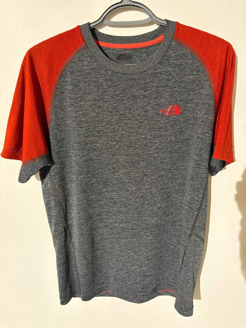 The North Face Men's Gray Heather Tee with Red Raglan Sleeves